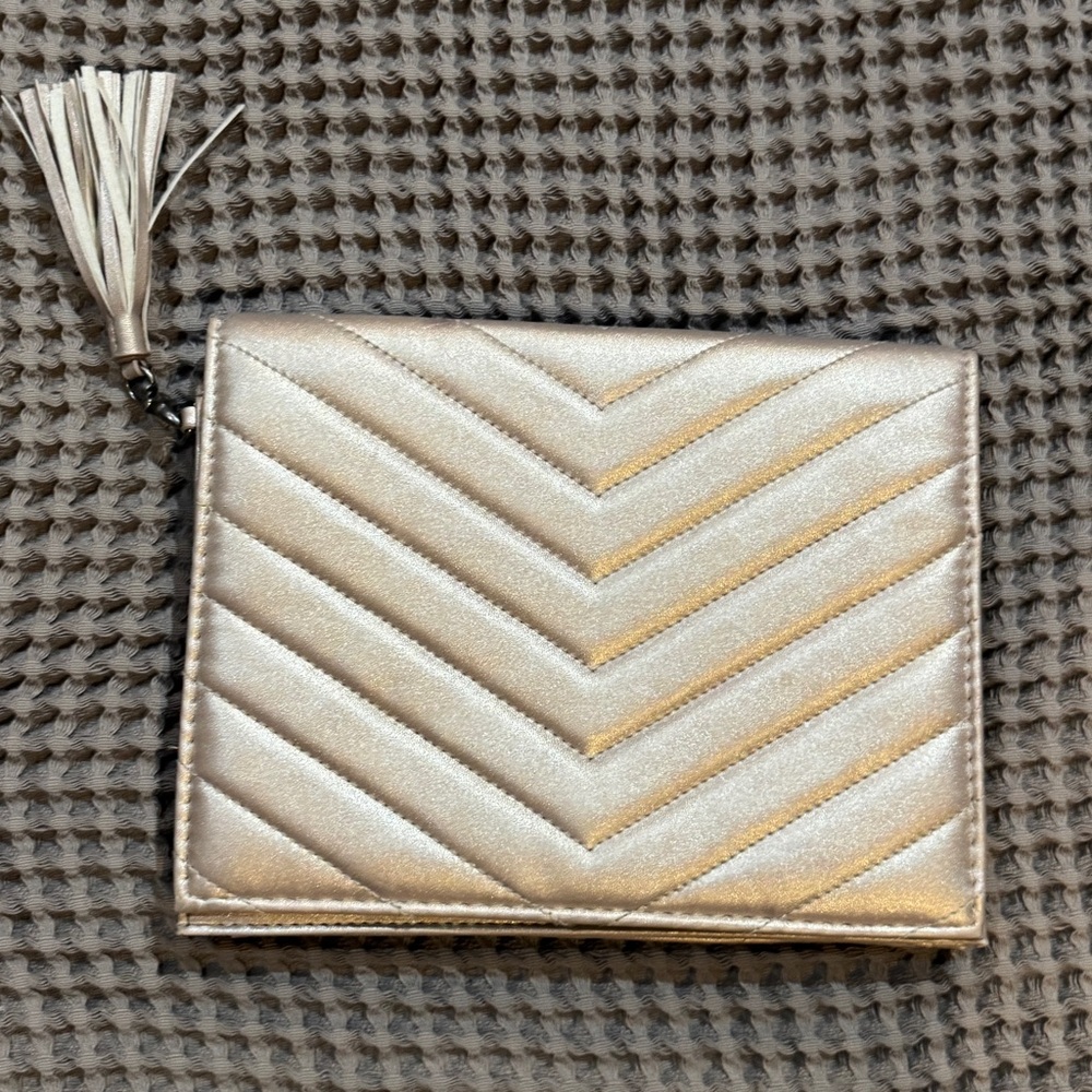 Neiman Marcus Champagne Silver Chevron Quilted Clutch with Tassel